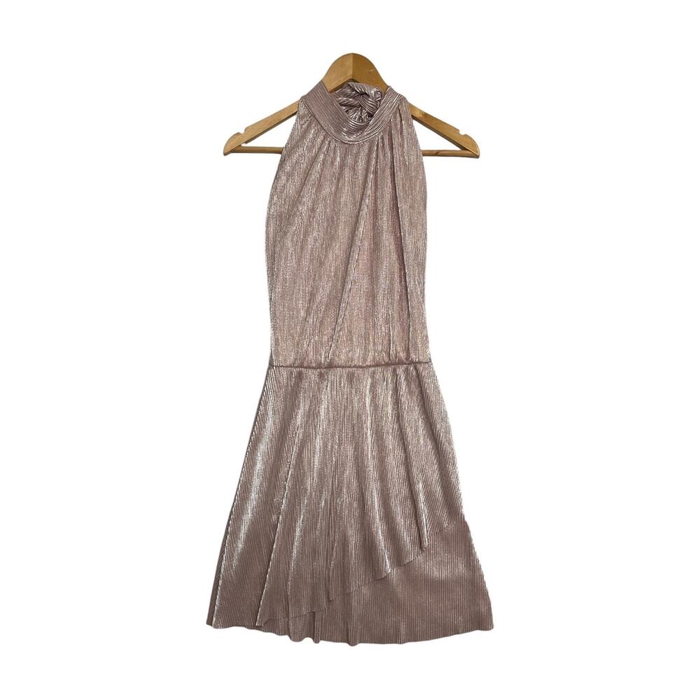 OML Mini Dress Womens Small Pink Metallic Pleated Halter Cocktail Party Sexy